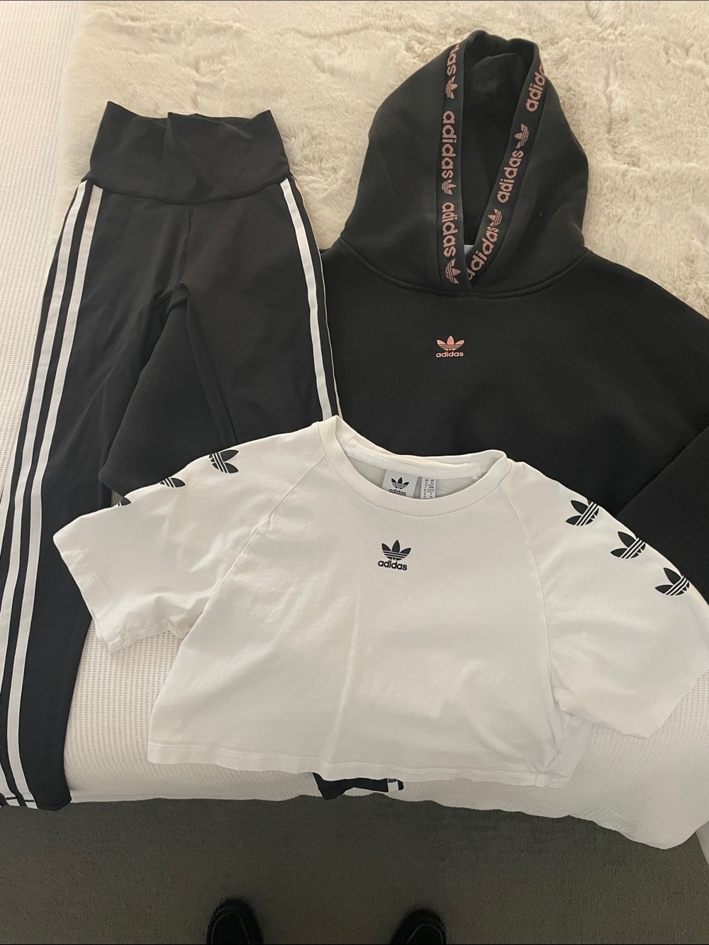 Adidas Black HoodieWhite Crop Tee & Black Track Leggings Set - Black & White